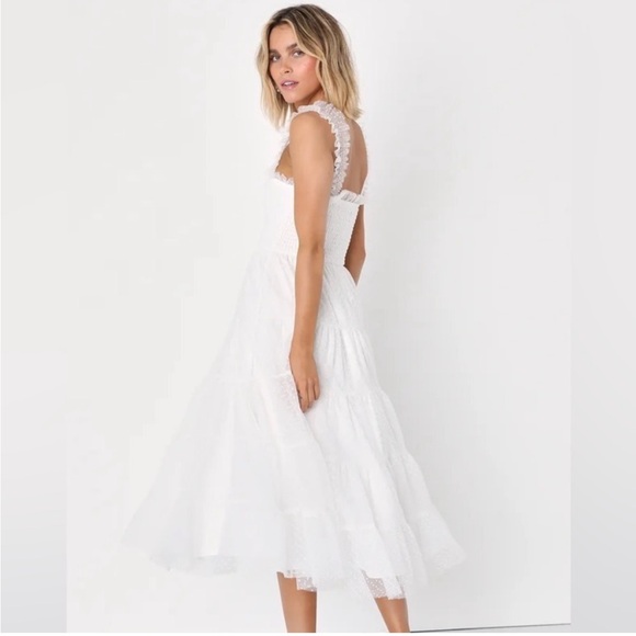 🤍 Lulu’s Darling Dancer White Swiss Dot Ruffled Tiered Midi Dress 🤍 - Picture 3 of 6